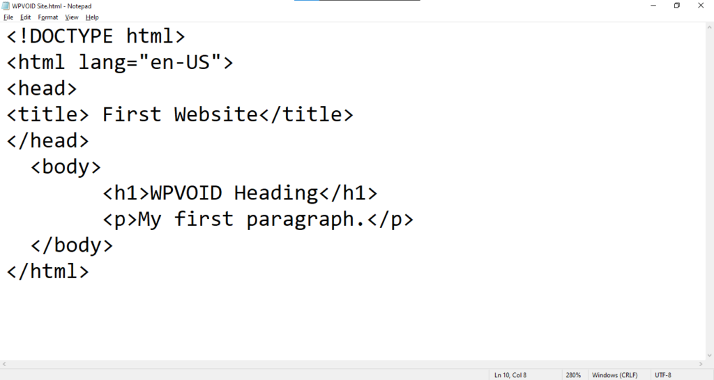 Screenshot in Notepad Editor of WPVOID Site