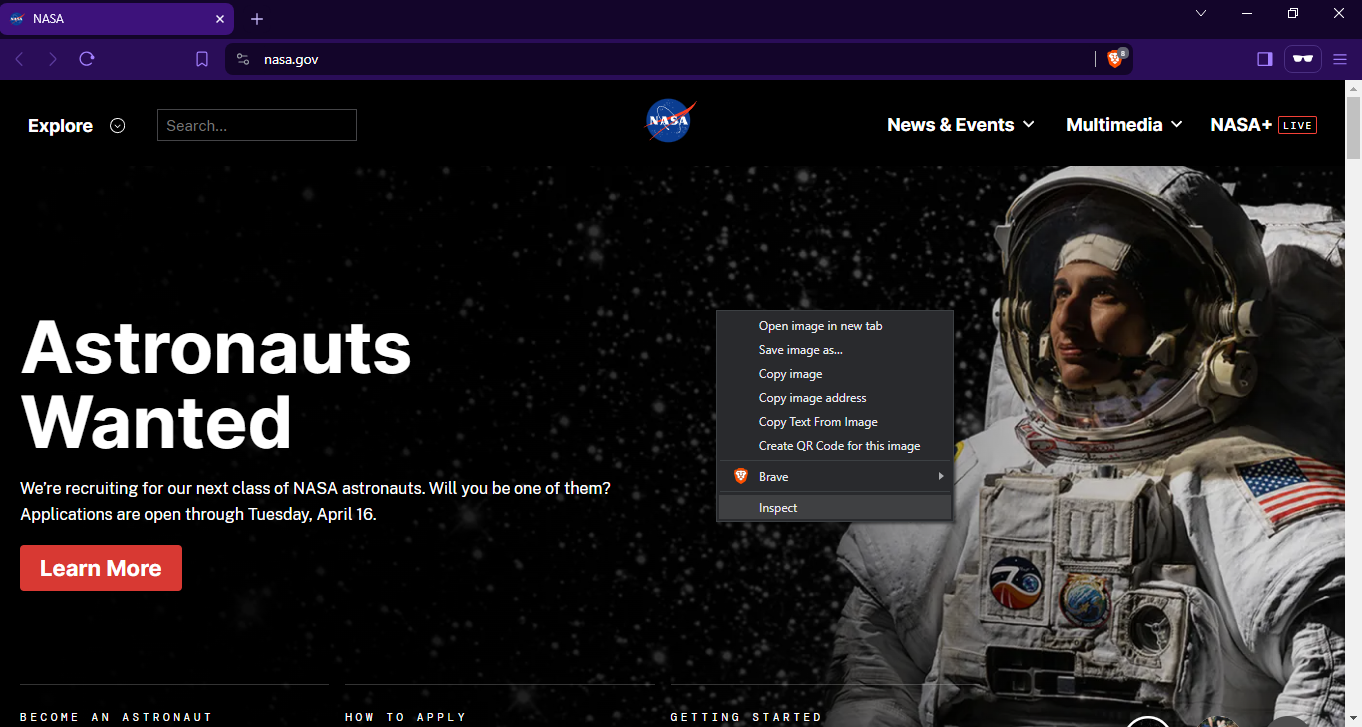 Screenshot of NASA rigiht click and inspect