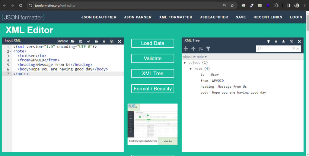 Screenshot of XML code in JSON online editor