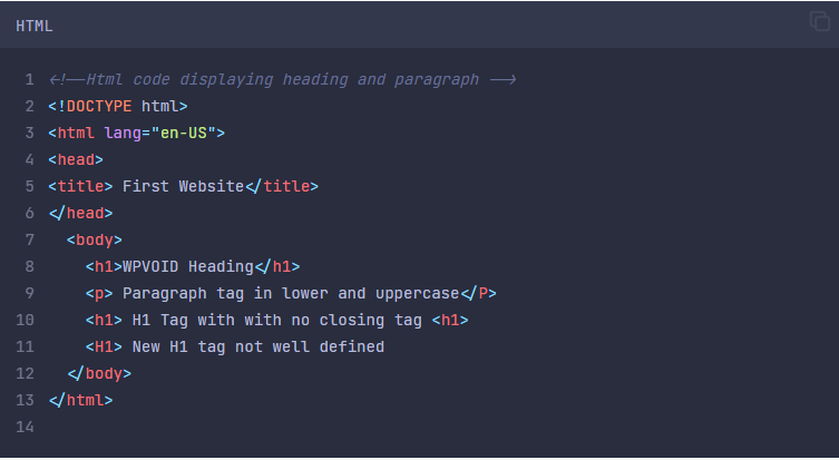 HTML code with error in tag